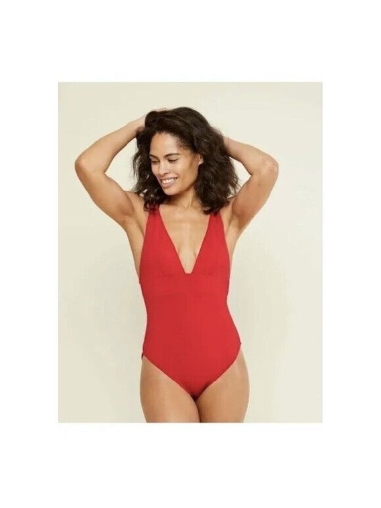 Andie Swim Sardinia One Piece Swimsuit V Neck Low Back Cherry Red Xs